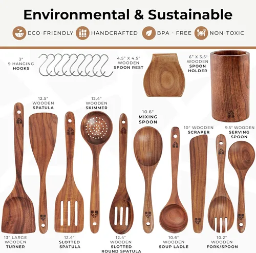 Miniatura 4 de Woodenhouse - Cucharas de madera para cocinar, juego de utensilios de cocina de madera con soporte, soporte para cuchara y ganchos, utensilios