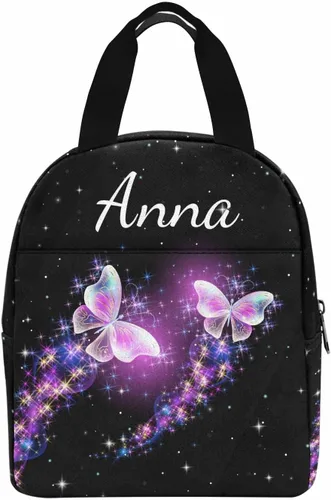 Miniatura 2 de InterestPrint Bolsa de almuerzo con nombre personalizado para hombres y mujeres, diseño de mariposa rosa y azul personalizada, caja de almuerzo