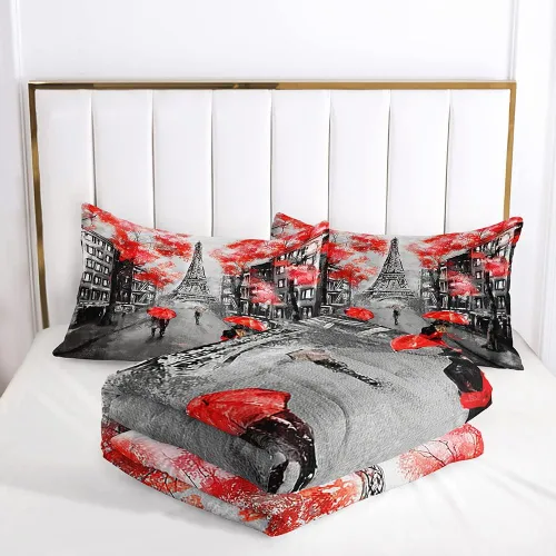 Miniatura 4 de Juego de edredón estilo París para niñas y adolescentes, edredón tamaño individual de la Torre Eiffel de Francia con 2 fundas de almohada con Rojo