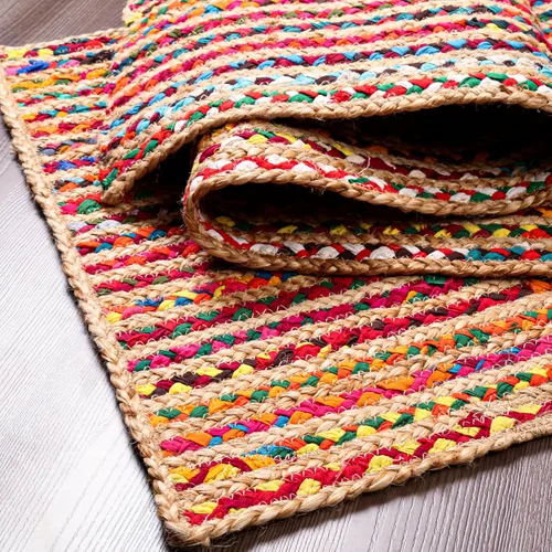 Miniatura 3 de Hausattire Alfombra Trenzada Bohemia de 2'x3' - Multicolor, Alfombras Pequeñas de Yute y Algodón Estilo Granja para Entrada, Sala