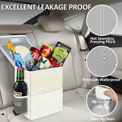 Miniatura 6 de Bonita mini bolsa de basura para automóvil con tapa, cubo de basura con purpurina para colgar para asiento trasero, asiento delantero/consola