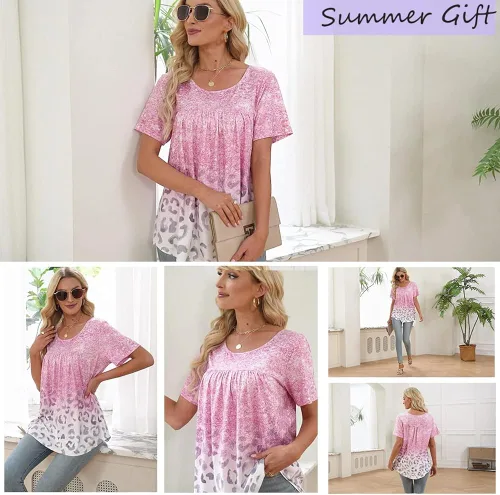 Miniatura 3 de Womens Summer Plus Size Tops Blouses Short Sleeve Shirts Lace Pleated Tunic Tops M-4XL