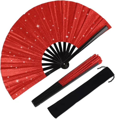Miniatura 10 de Abanico de Mano Plegable Grande con Purpurina Abanico de Mano Grande para Rave, Abanico de Mano Plegable Brillante Clack Abanico de Mano