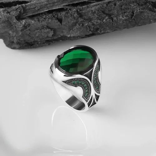 Miniatura 4 de Anillo de plata de ley 925 para hombre con piedra preciosa esmeralda, anillo de plata grabado hecho a mano, regalo para él, anillo de plata