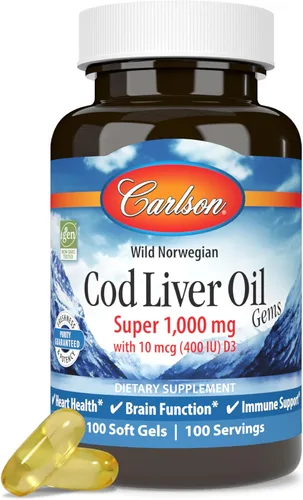 Carlson - Aceite de hígado de bacalao, Super 1000 mg + Vitaminas A y D3, noruego salvaje, obtenido de forma sostenible, 100 cápsulas blandas