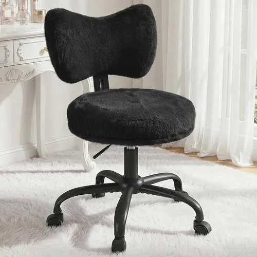Homkdom Silla de tocador con ruedas, bonita silla de escritorio con respaldo de lazo, silla de oficina pequeña de piel de conejo sintética esponjosa