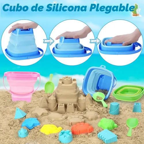 Miniatura 2 de RACPNEL Juguetes de playa plegables para niños, set de 3 cubos de arena y palas plegables con bolsa de malla, cubetas de silicona para elementos