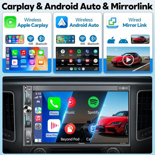 Miniatura 2 de Estéreo de auto de doble DIN de 7 pulgadas con Apple CarPlay inalámbrico y Android Auto, pantalla táctil QLED, Bluetooth, cámara de respaldo, audio
