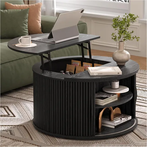 Miniatura 17 de SULIVES Mesa auxiliar ovalada con almacenamiento, mesa de centro multifuncional con tambor elevable, pequeña mesa central acanalada para sala