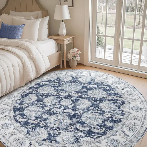 Miniatura 4 de Jinchan Fiora - Alfombra redonda de 8 pies, alfombras vintage con diseño floral envejecido, lavable a máquina, antideslizante, de pelo bajo, Azul
