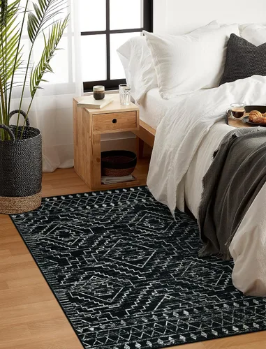 Miniatura 6 de Wonnitar Alfombra Marroquí de 3x5 Pies, Alfombra Pequeña Lavable Negra para Dormitorio, Tapete de Entrada Antideslizante Geométrico Tribal, Alfombra