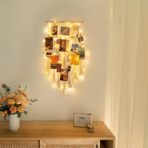 Miniatura 7 de Dahey Exhibición de fotos colgante para dormitorio, decoración de pared de macramé, marcos de fotos boho collage con 30 clips para colgar fotos