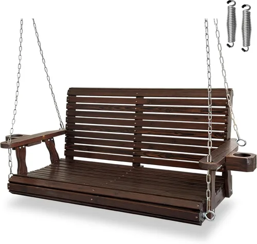 Columpio de madera para porche de 2 plazas, con respaldo alto y asiento profundo, columpio-banco con portavasos, cadenas colgantes y muelles de 7