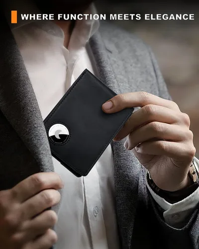 Miniatura 29 de Billetera AirTag para hombre, de piel auténtica plegable con bloqueo Rfid AirTag con ranuras para efectivo y ventana de identificación, compatible