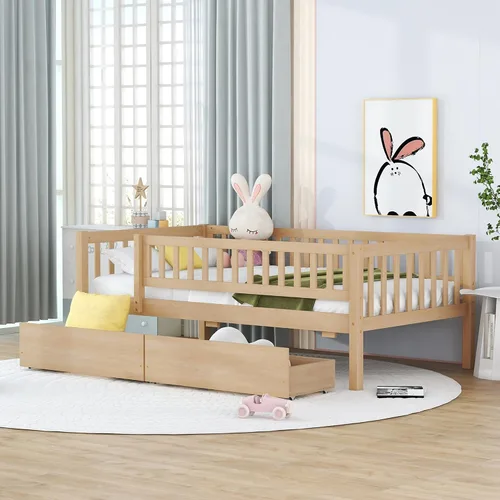 Miniatura 21 de P PURLOVE Sofá cama matrimonial con nido, marco de sofá cama con barandillas de valla, sofá cama de madera para niños, niñas y adolescentes jóvenes