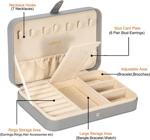Miniatura 3 de LANDICI - Caja de joyería pequeña para mujeres y niñas, estuche organizador de joyería de viaje de cuero PU, soporte portátil para almacenamiento