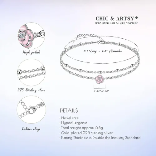 Miniatura 120 de CHIC & ARTSY Tobilleras delicadas de plata de ley S925 para verano, pulsera de tobillo ajustable multicapa para playa, joyería de pie para mujer