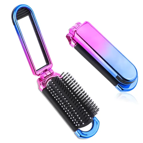 Mini cepillo de pelo de viaje, pequeño cepillo plegable compacto con espejo y punta redonda cerdas de nailon para mujeres y hombres, peine portátil