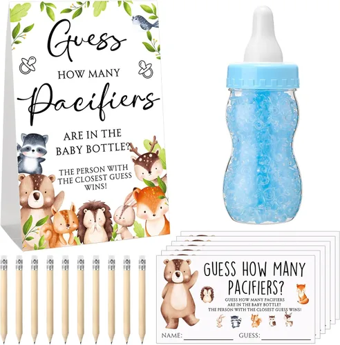 Miniatura 9 de Roowest 512 piezas de juegos de baby shower Adivina cuántos chupetes letrero, 100 pequeños juegos de adivinanzas, 10 lápices HB, botella de leche