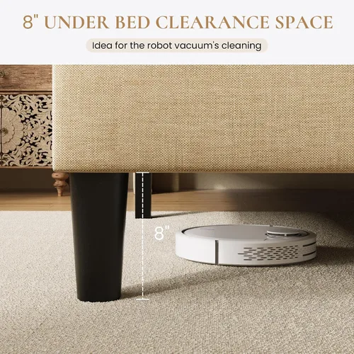 Miniatura 6 de SHA CERLIN Base de cama tamaño King con cabecera geométrica con respaldo de ala, cama de plataforma tapizada con espacio debajo de la cama de 8 Beige