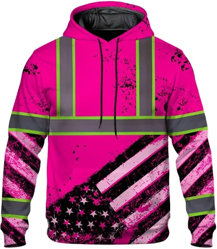 Miniatura 23 de Sudadera con Capucha de Alta Visibilidad con Bandera de EE.UU. de Color Personalizado para Hombres y Mujeres con Cintas Reflectantes, Ropa