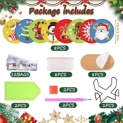 Miniatura 2 de FOWSEEK 8 Piezas Posavasos de Arte de Pintura de Diamantes de Navidad, Kit de Posavasos de Arte de Diamante DIY con Soporte para Adultos