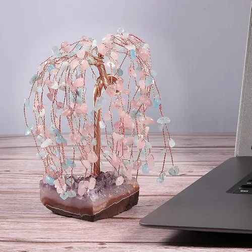 Miniatura 3 de SUNYIK Juego de árbol de dinero de cristal curativo de cuarzo rosa y aguamarina sobre base de racimo de amatista, adorno de Feng Shui, decoración