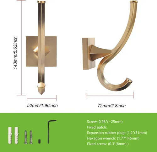 Miniatura 2 de TUNNY Paquete de 2 Ganchos de Pared Vintage - Ganchos para Abrigos Dorado Champán Gancho para Toallas para Colgar de Servicio Pesado Gancho de Baño