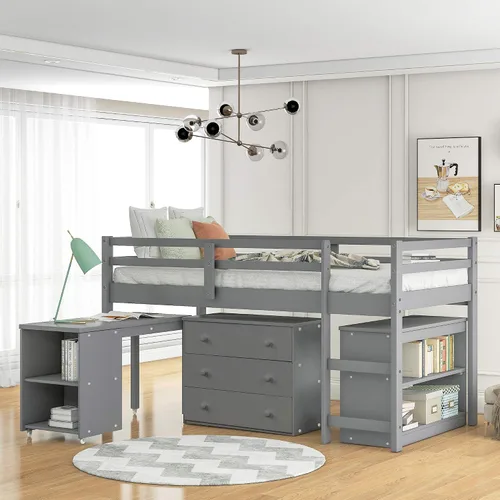Miniatura 10 de Base de cama baja de madera con escritorio portátil rodante, cama alta individual con armario abierto y cajones, cama baja con estante para niños