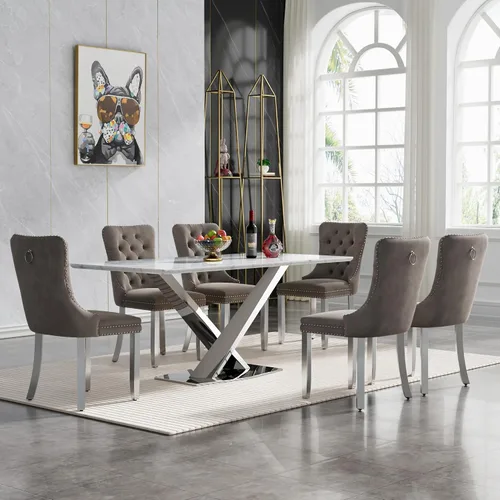 Miniatura 36 de Juego de mesa de comedor de 7 piezas con sillas, mesa de comedor de mármol sintético y sillas beige para 6, juego de mesa de comedor de oro blanco