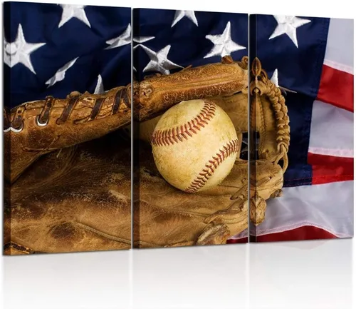 KREATIVE ARTS - 3 impresiones en lienzo grandes para pared, póster de béisbol y bandera estadounidense, imagen deportiva impresa en lienzo, estirada