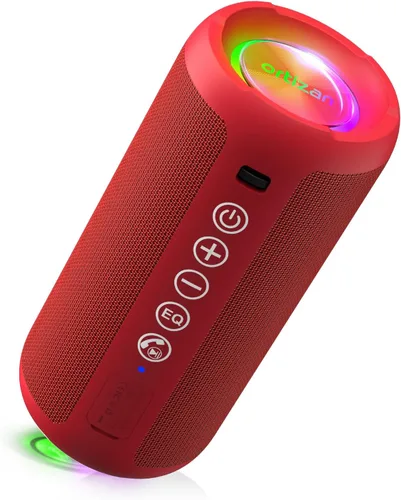 Ortizan Altavoz Bluetooth portátil: IPX7 impermeable, sonido fuerte de 24 W, graves profundos, Bluetooth 5.3, luces LED, emparejamiento estéreo Rojo