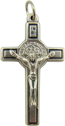 Miniatura 2 de Lumen Mundi San Benito Crucifijo de Plata Oxidada, tamaño pequeño, 34 pulgadas, regalo católico pequeño