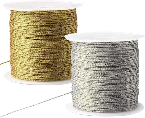 Pengxiaomei Cuerda metálica de 218 yardas/656 pies, 2 piezas de carrete de hilo metálico de color para joyería, cuerda de color dorado, cuerda de