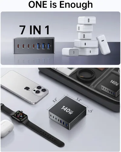 Miniatura 7 de Estación de carga USB C, estación de carga rápida GaN III de 7 puertos de 140 W, estación de carga USB PD 3.0 para múltiples dispositivos