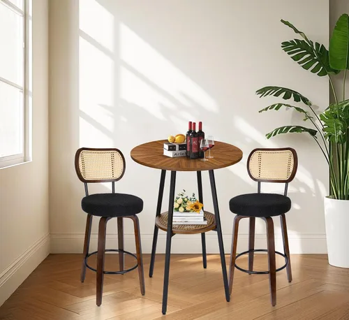Miniatura 6 de Juego de 2 taburetes de bar de ratán, taburetes de bar giratorios de altura de mostrador con respaldo, sillas de cocina tapizadas de granja con Negro