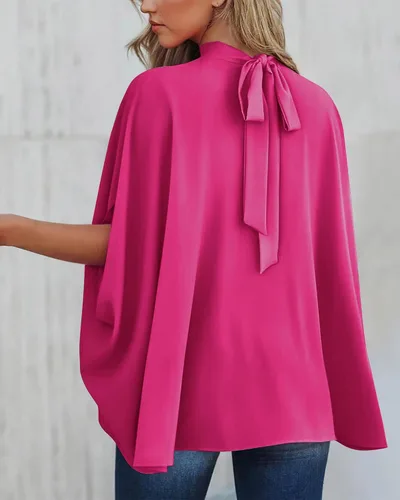 Miniatura 64 de BTFBM Blusas de verano para mujer, cuello alto falso, manga murciélago, holgadas, dobladillo alto y bajo, blusas informales de gran