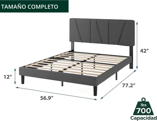 Miniatura 2 de Zinus - Base de cama Maya tapizada tamaño Full con cabecero asimétrico, listones de madera duraderos, estructura resistente, sueño sin ruido,