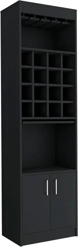 Miniatura 6 de Armario alto de bar con 16 estantes para vino y soporte para vasos, armario de licor de granja con 2 puertas, estante abierto, bandeja extraíble