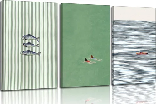 RULCER 3 piezas de arte de pared de lienzo costero Arte moderno estético Pintura de sardinas Cuadros abstractos Póster minimalista rayado Decoración