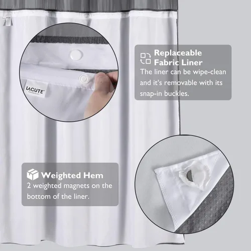 Miniatura 4 de Lagute SnapHook - Cortina de ducha con gancho, de tela con forro a presión, resistente, con parte superior transparente, calidad hotelera, repelente