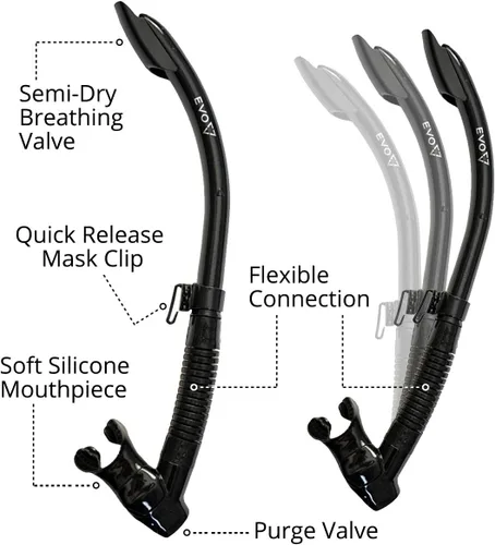 Miniatura 2 de EVO Snorkel semi seco de vapor - Equipo de snorkel - Snorkel para máscara de snorkel - Equipo de snorkel - Snorkel de buceo Negro