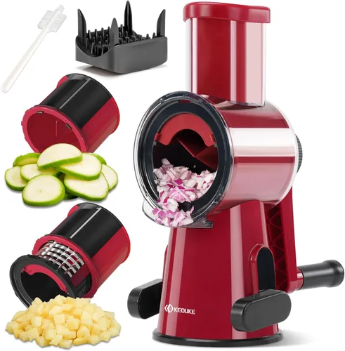 KEOUKE Picadora y rebanadora de verduras de manivela de mano, cortador manual 2 en 1 con herramientas de limpieza, base de succión antideslizante,