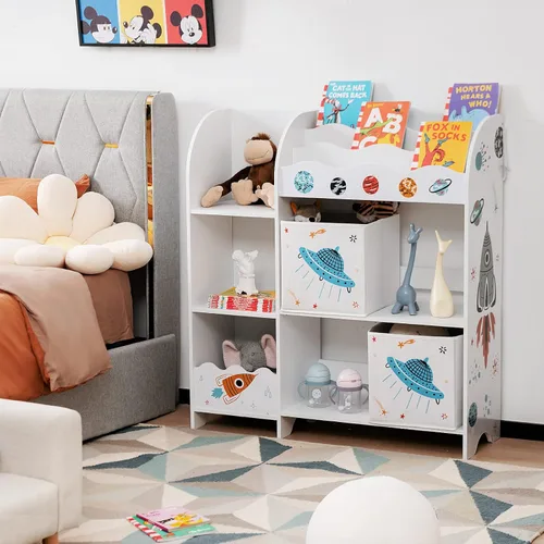 Miniatura 2 de Costzon Organizador de juguetes y libros para niños, estantería de almacenamiento de madera con 5 estantes abiertos, 2 cajas de almacenamiento y 3