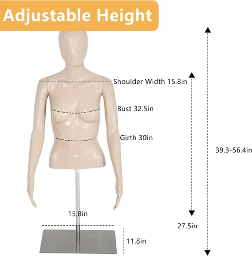 Miniatura 7 de Maniquí de costura femenino de 39 a 56 pulgadas, maniquí de medio cuerpo ajustable con base de metal, soporte de maniquí para ropa de exhibición