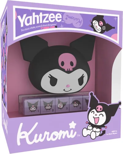 YAHTZEE: Kuromi | Taza de dados de cabeza Kuromi coleccionable | Dados con su adorable gama de emociones | Juego de dados clásico basado en el