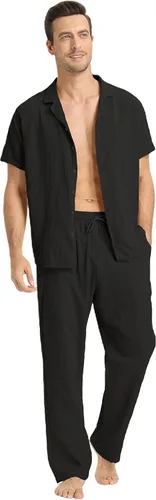 Miniatura 13 de RPOVIG Conjunto de camisa de lino y pantalones: conjuntos de lino de 2 piezas para hombre, camisas de manga corta, pantalones de yoga, trajes