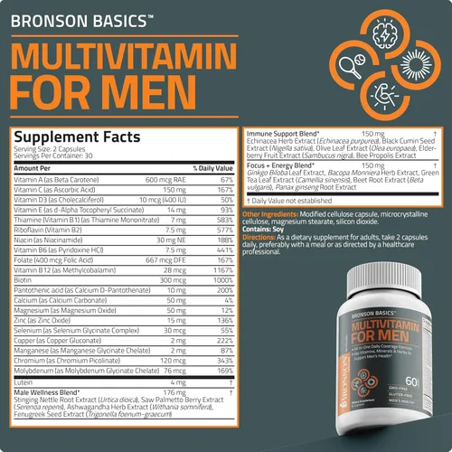 Miniatura 8 de Bronson Multivitamínico para hombres, fórmula de cobertura diaria todo en uno, vitaminas clave, minerales y hierbas para apoyar la salud