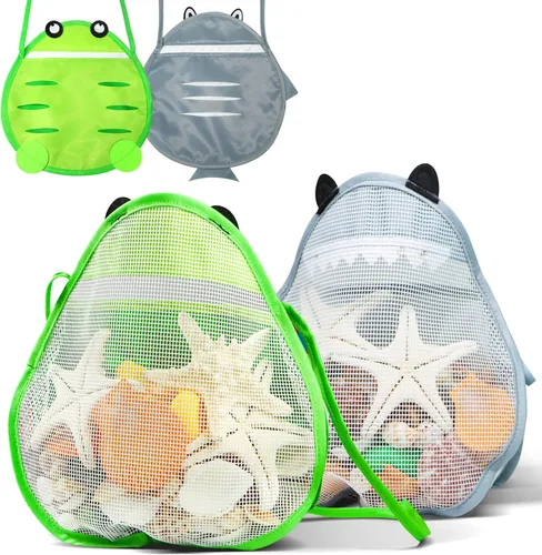 Novelty Place Bolsa de concha marina para niños, bolsa de conchas de malla con correa para niños, bolsa de arena de playa, conchas de mar, verde y