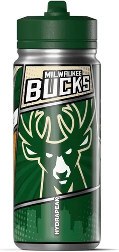 Hydrapeak Milwaukee Bucks - Botella de agua de acero inoxidable con licencia oficial de la NBA de 20 onzas con tapa con pajilla, botella deportiva